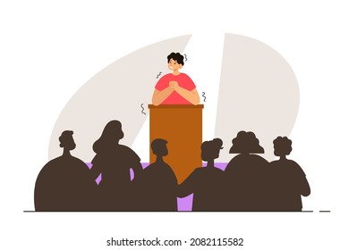 Terrified Man Standing In Front Of An Audience. Fear Of Public Speaking. Phobia, Psychological Problem, Anxiety And Mental Health Concept. Modern Flat Vector Illustration