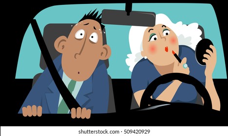 Terrified passenger sitting in  car next to a female driver who is applying make-up, EPS 8 vector illustration no transparencies 