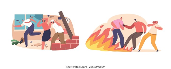 Terrified People Flee As Earthquake And Fire Wreak Havoc, Leaving Destruction In Their Wake Cartoon Vector Illustration