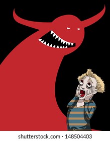 Terrified person looking at a demon devil, vector illustration