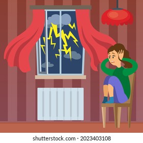 Terrified shocked lady closes her ears so as not to hear thunder. Woman frightened by thunderstorm. Person suffers from astraphobia. Fear of storm, phobia, horror. Character looks at rainy weather