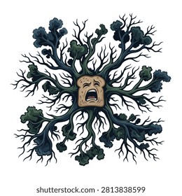 Terrified toast with screaming face sprouts dark branches