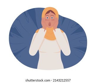 Terrified woman 2D vector isolated illustration. Screaming in terror. Feeling scared flat character on cartoon background. Horror stricken lady colourful scene for mobile, website, presentation