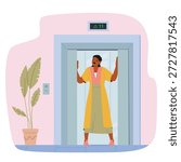 Terrified woman cartoon character with panic attack suffering from claustrophobia standing inside elevator vector illustration. Female holding hands against walls feeling psychological distress