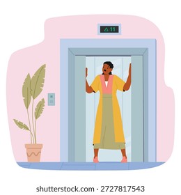 Personaje de dibujos animados de mujer aterrorizada con ataque de pánico que sufre de claustrofobia de pie dentro de la Ilustración vectorial del ascensor. Mujer que sostiene las manos contra las paredes que siente angustia psicológica