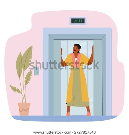 Terrified woman cartoon character with panic attack suffering from claustrophobia standing inside elevator vector illustration. Female holding hands against walls feeling psychological distress