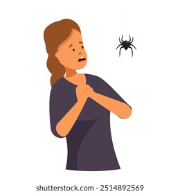 Mujer aterrorizada que siente pánico y experimenta ataque de ansiedad mientras que mira la araña, concepto de la aracnofobia