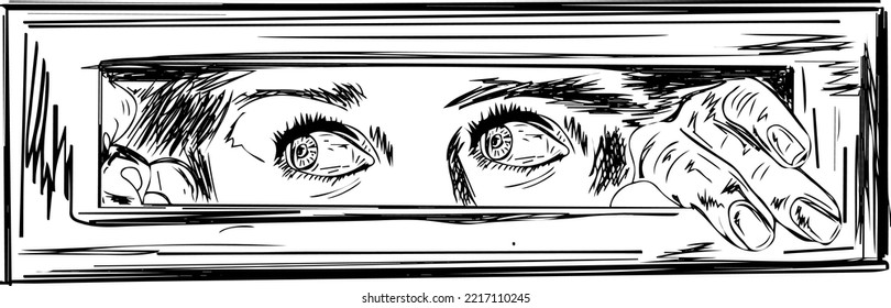 A Terrified Woman Peering Out a Wooden WindowShutters, afraid girl's eyes expression outline vector illustration, sketch drawing of a worried woman watching through a door, scared eye silhouette