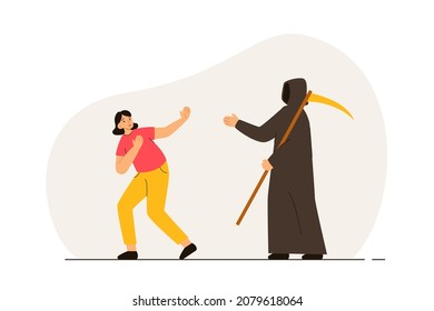 Terrified woman seeing death character. Person with necrophobia. Phobia, psychological problem, anxiety and mental health concept. Modern flat vector illustration
