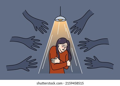 Terrified woman stand under spotlight haunted by numerous black hands  Unhappy scared girl suffer from psychological problems  have fears   anxiety  Vector illustration  
