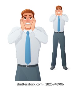 Terrified young businessman holding his head in panic. Frightened face expression. Full length cartoon vector character isolated on white background.