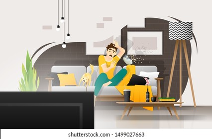 Terrified young man watching scary movie on television in living room, relaxing weekend at home ,vector , illustration