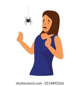 Terrified young woman is staring at a spider hanging from its web