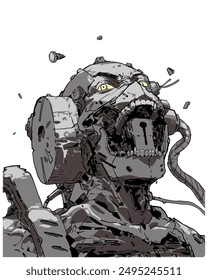 A terrifying and aggressive robot face with horror elements. Perfect for depicting fear and futuristic terror.