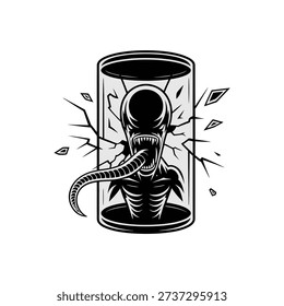 A terrifying alien creature with a long tongue breaking out of a cracked glass cylinder