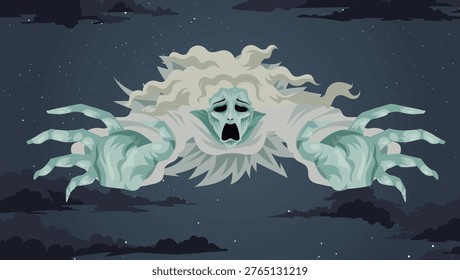 terrifying banshee ghost flying and wailing in the night