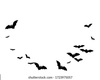 Terrifying black bats flock isolated on white vector. Halloween background. Flying fox night creatures illustration. Silhouettes of flying bats traditional Halloween symbols on white.
