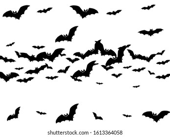 Terrifying black bats group isolated on white vector Halloween background. Flittermouse night creatures illustration. Silhouettes of flying bats traditional Halloween symbols on white.