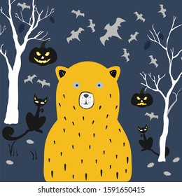 Terrifying Black Bear with yellow eyes, empty socket eyed cat and pumpkins with glowing eyes for Halloween Themes. Vector Illustration