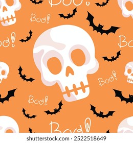 Terrifying boo halloween skull and flying bats pattern on orange background. Traditional skull image in children's halloween cartoon style. For halloween decor, holiday prints, wrapping paper.