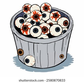 A terrifying bucket overflowing with bloodshot, severed eyeballs. Perfect for halloween decor, spooky branding, and eerie game elements.