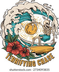 Terrifying Chase Skeleton Surfing Wave Funny Vector Illustration