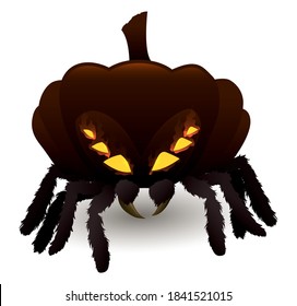 Terrifying creature like fusion of hairy spider with a Halloween pumpkin of glowing eyes, over white background.