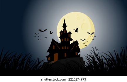 Terrifying dark castle on Halloween full moon night. Swarms of bats fly around Dracula's castle towering over the mountains.
