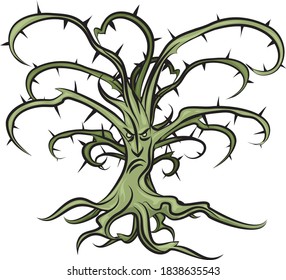 
terrifying gloomy dry tree halloween greeting card in cartoon style