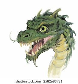 A terrifying green hydra head illustration, perfect for fantasy RPGs, mythological creature designs, and game assets.