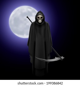 Terrifying Grim Reaper over full moon background