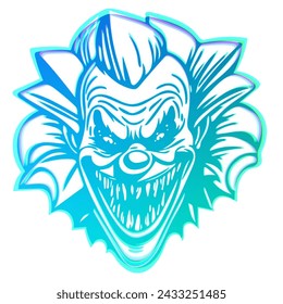 Terrifying illustration of smiling evil clown.  Blue design in gradient effect.