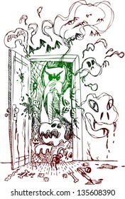 Terrifying open door with ghosts, monsters and bats