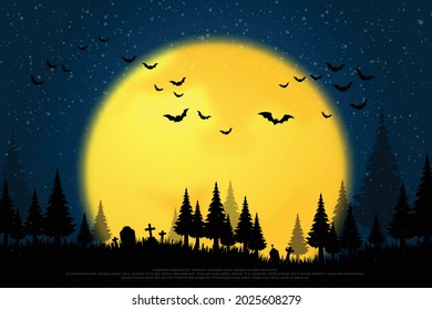 A terrifying pine forest, with graves, on a full moon night and a swarm of bats flying out. background for halloween.