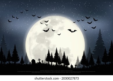 A terrifying pine forest, with graves, on a full moon night and a swarm of bats flying out. background for halloween.