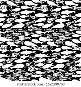 terrifying seamless pattern of fish skeletons. white fish on a black background. concept of magic, mysticism and voodoo. for fabric, cards, prints, wallpapers