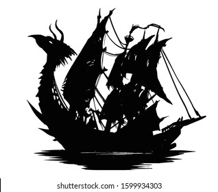 A terrifying silhouette of an old ship with a dragon's head on the front and unusual sails with holes . There are sharp spikes and scales in various places on the ship.