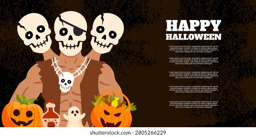 terrifying three headed skeleton monster man with carved pumpkins