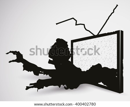 Terrifying zombie crawling coming out of television in silhouettes.