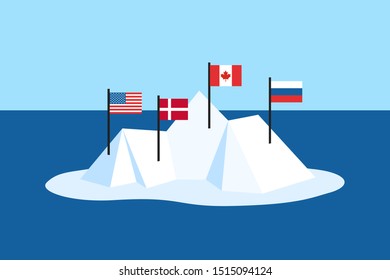 Territorial claim in the Arctic ocean - Canada, Denmark, Russia and United States of America (USA) are possessing land and territory on the iceberg. Vector illustration