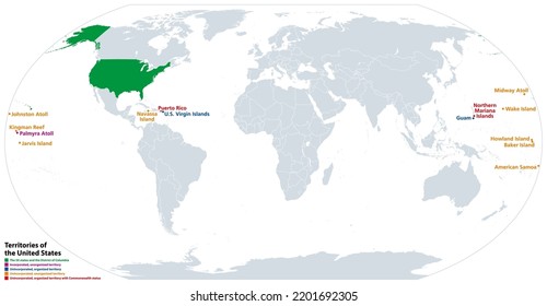 Territories of the United States, political map. Subnational administrative divisions. The 50 states, and incorporated, unincorporated, organized, unorganized and territories with Commonwealth status.