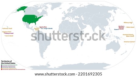 Territories of the United States, political map. Subnational administrative divisions. The 50 states, and incorporated, unincorporated, organized, unorganized and territories with Commonwealth status.