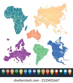 Territory of continents map - North America, South America, Europe, Australia, Africa, Asia