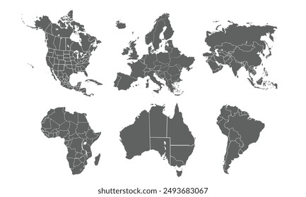 Territory of continents mapisolated on white background. for website layouts, background, education, precise, customizable, Travel worldwide, map silhouette backdrop, earth geography, political.