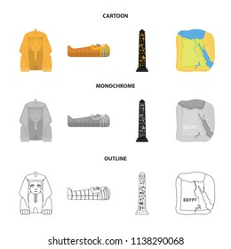 The territory of Egypt, the Sphinx, the pharaoh sarcophagus, the Egyptian pillar with the inscription.Ancient Egypt set collection icons in cartoon,outline,monochrome style vector symbol stock
