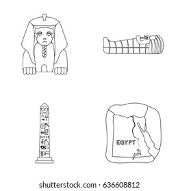 The territory of Egypt, the Sphinx, the pharaoh's sarcophagus, the Egyptian pillar with the inscription.Ancient Egypt set collection icons in outline style vector symbol stock illustration web.