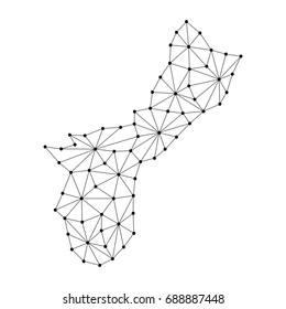 Territory of Guam map of polygonal mosaic lines network, rays and dots vector illustration.