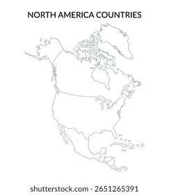 Território dos países da América do Norte em estilo de arte linear isolado no fundo branco. Clipart de contorno de vetor.