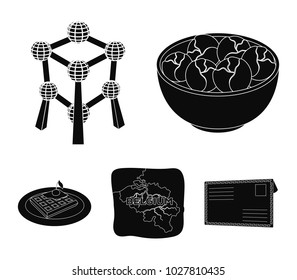Territory on the map, brussels sprouts and other symbols of the country.Belgium set collection icons in black style vector symbol stock illustration web.
