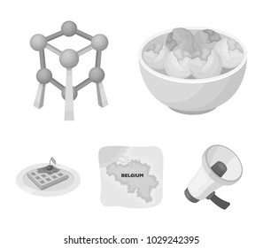 Territory on the map, brussels sprouts and other symbols of the country.Belgium set collection icons in monochrome style vector symbol stock illustration web.